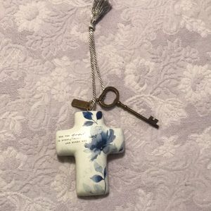 White with blue floral cross, wall decor